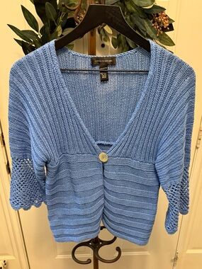Cable & Gauge Blue Cotton Open Knit Crochet 1 Button Cardigan Sweater M